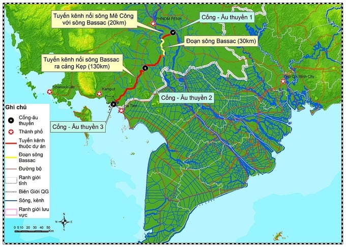 Minh họa vị trí tuyến giao thông thủy Funan Techo và vị trí 3 khóa âu.