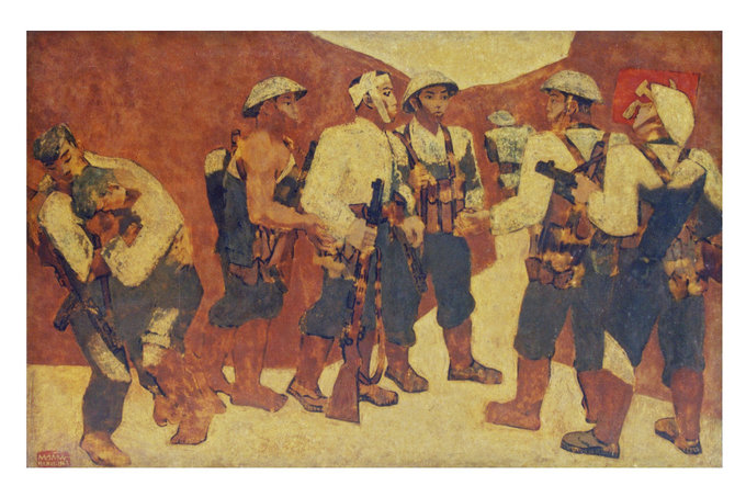 Tác phẩm sơn mài 'Kết nạp Đảng ở Điện Biên Phủ' của họa sĩ Nguyễn Sáng trưng bày tại triển lãm 'Đường lên Điện Biên'. Ảnh: Bảo tàng Mỹ thuật Việt Nam.