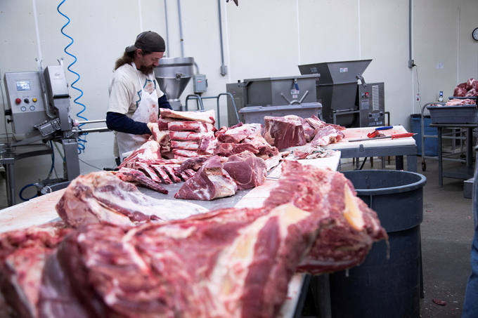 Một nhân viên làm việc tại nhà máy chế biến thịt ở Corydon, Indiana, Mỹ, hồi năm 2022. Ảnh: Reuters.