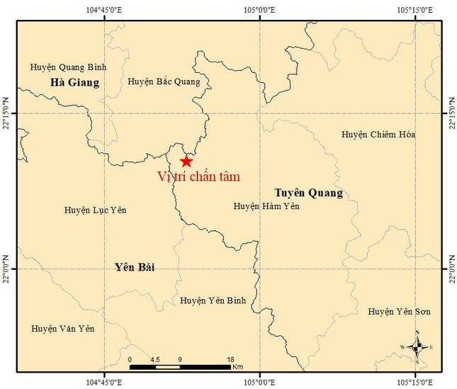 Vị trí tâm chấn của trận động đất nằm ở khu vực tiếp giáp giữa 3 tỉnh Tuyên Quang, Yên Bái, Hà Giang.