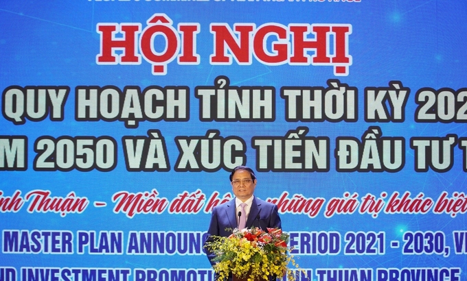 Thủ tướng Phạm Minh Chính phát biểu tại hội nghị công bố quy hoạch của tỉnh Ninh Thuận. Ảnh: MP.