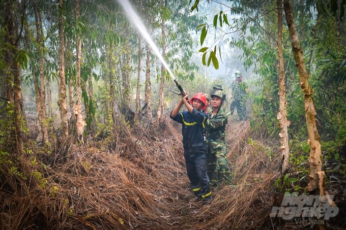 Kiên Giang đã huy động nhiều lực lượng tham gia chữa cháy rừng trên diện tích rừng tràm sản xuất rộng khoảng 400 ha tại Giang Thành. Ảnh: TCV.
