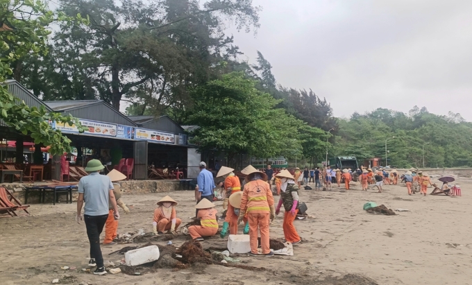 Toàn bộ cán bộ, nhân viên Công ty Công ty CP Công trình công cộng và Dịch vụ du lịch Hải Phòng tham gia dọn rác do sóng biển đánh dạt vào bờ tại quận Đồ Sơn. Ảnh: Đinh Mười.