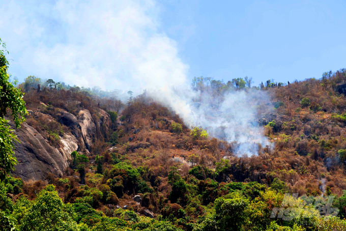 Do thời tiết nắng nóng, hanh khô nên thời gian qua, ở khu vực núi Tô và cặp chân núi Dài ở huyện Tri Tôn xuất hiện một số vụ cháy rừng hết sức nguy hiểm. Ảnh: Lê Hoàng Vũ.