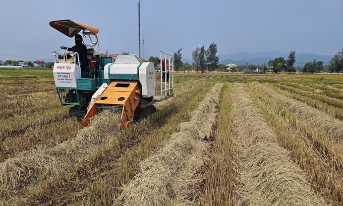 Straw bundling machine in operation in the fields of Ham Ninh commune. Photo: T.Phung.