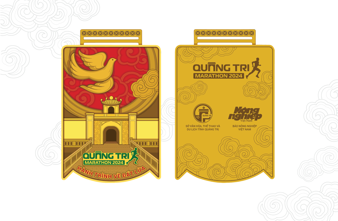 Huy chương Quảng Trị Marathon 2024 được đồ họa và phối màu.