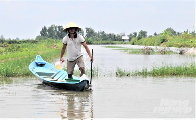 Ngành chức năng khuyến cáo nông dân nên duy trì mực nước trên mặt vuông nuôi tôm tối thiểu ở mức 0,6 m, nhằm giúp một số yếu tố môi trường ít bị dao động, nhất là nhiệt độ, đồng thời hạn chế rong tạp, tảo đáy phát triển. Ảnh: Trung Chánh.