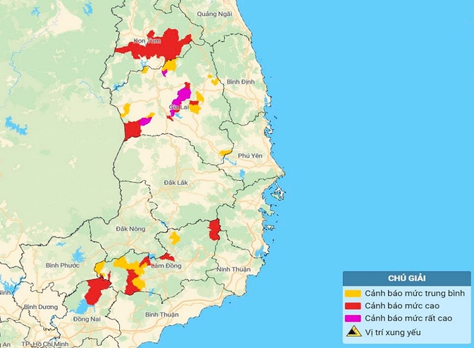Bản đồ nguy cơ lũ quét, sạt lở đất đá ở Kon Tum, Gia Lai và Lâm Đồng và Đồng Nai. Ảnh: TT KTTV Quốc gia