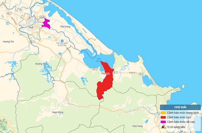 Bản đồ nguy cơ lũ quét, sạt lở đất đá ở Thừa Thiên Hu. Ảnh: TT KTTV Quốc gia