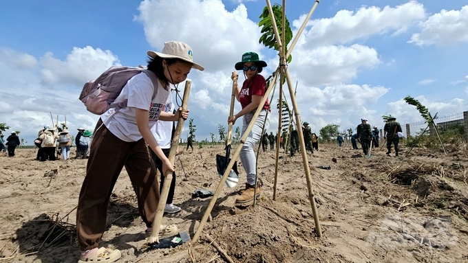 Các bạn sinh viên Trường Đại học Khoa học xã hội và nhân văn TP.HCM tích cực tham gia trồng cây tại Lễ phát động Tết trồng cây 'Đời đời nhớ ơn Bác Hồ' do Cục Lâm nghiệp, Bộ NN-PTNT phối hợp UBND tỉnh Đồng Nai tổ chức. Ảnh: Minh Sáng.