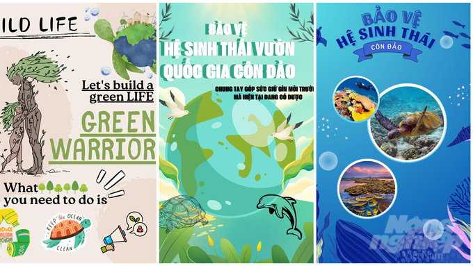 Các poster nhằm tuyên truyền cho cộng đồng nâng cao ý thức bảo tồn động, thực vật biển do các thành viên nhí của CLB Xanh thiết kế. 