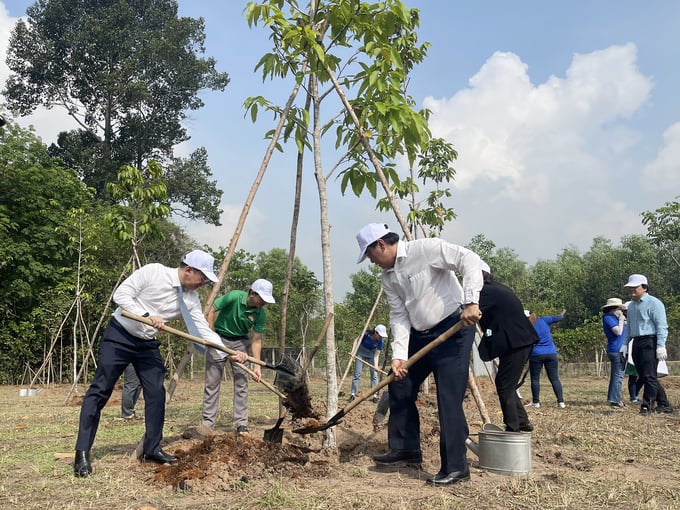 The leadership of Cu Chi District People's Committee, alongside various organizations and individuals, participating in tree planting activities.