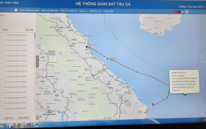 Hình ảnh thể hiện trên máy tính trạm bờ về hành trình của tàu cá đang hoạt động trên vùng biển xa có lắp thiết bị giám sát hành trình đang hoạt động tốt. Ảnh: T.Đức.