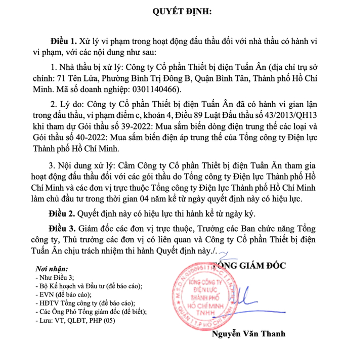 Cổ phần Thiết bị điện Tuấn Ân bị cấm tham gia hoạt động đấu thầu tại Tổng Công ty Điện lực thành phố Hồ Chí Minh và các đơn vị trực thuộc làm chủ đầu tư.