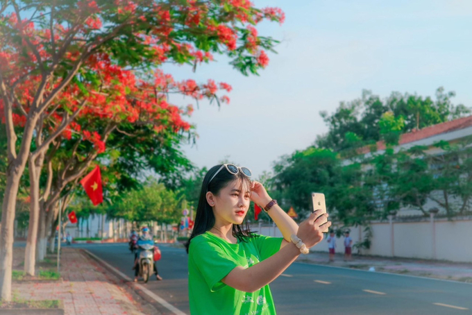 Chị Trần Thị Thu Thuỷ check in bên hàng hoa phượng.