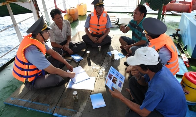 Fisheries surveillance forces propagate sustainable marine farming to fishermen. Photo: Bao Thang.