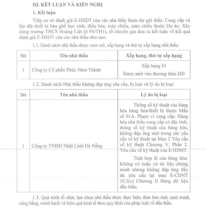 Đánh giá E-HSDT gói thầu 'Cung cấp và lắp đặt thiết bị bàn ghế học sinh, điều hòa, máy chiếu, màn chiếu' thuộc dự án 'Xây dựng trường THCS Hoàng Liệt (ô F6/TH1). Công ty TNHH Nhật Linh Đà Nẵng bị đánh giá không đạt.