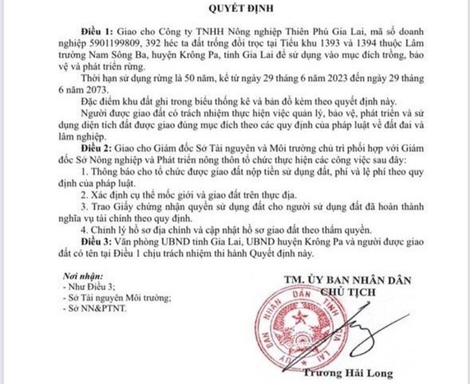 Quyết định giả mạo của Chủ tịch UBND tỉnh Gia Lai về việc quyết định giao đất trồng rừng. Ảnh: TA.