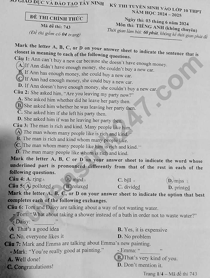 Đề thi vào lớp 10 năm 2024 môn tiếng Anh của tỉnh Tây Ninh (Mã đề 743)