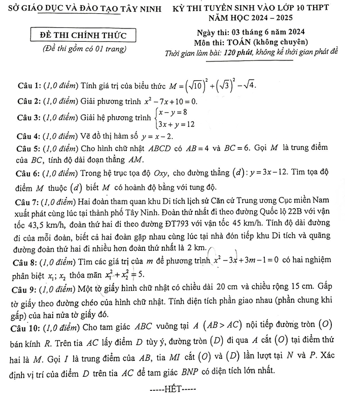 Đề thi vào lớp 10 năm 2024 môn Toán của tỉnh Tây Ninh (chính thức)