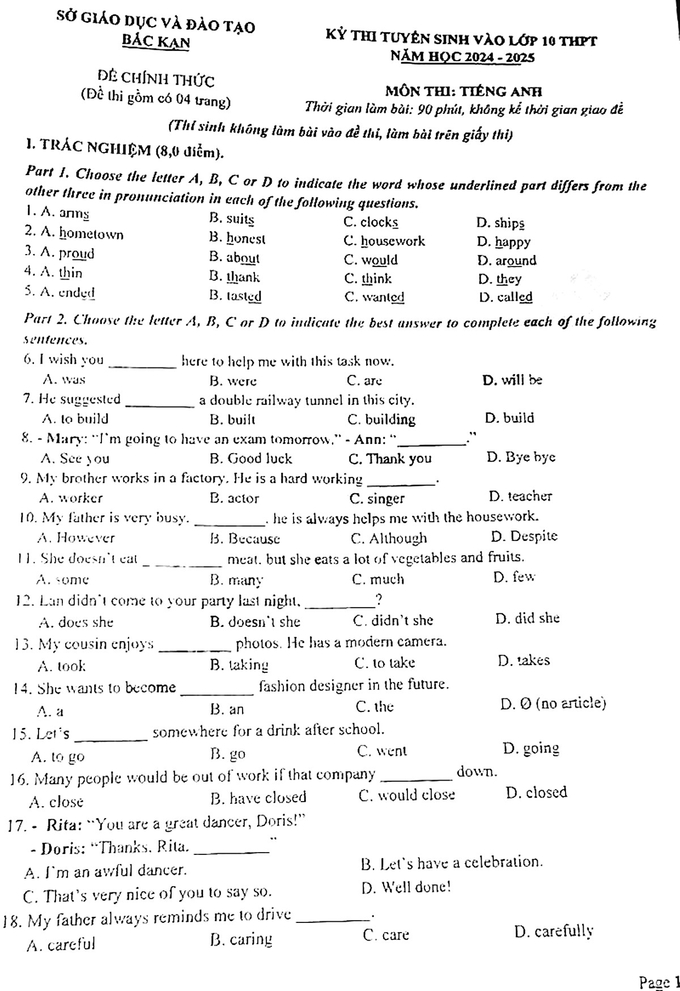 Đề thi vào lớp 10 năm 2024 môn tiếng Anh của tỉnh Bắc Kạn