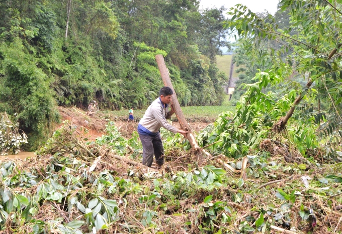 Người dân xã Hoàng Nông, huyện Đại Từ khắc phục hậu quả do mưa dông. Ảnh: Phạm Hiếu.