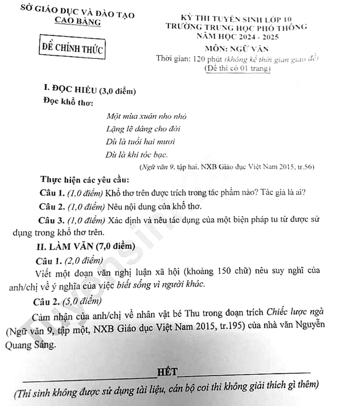 Đề thi vào lớp 10 năm 2024 môn Ngữ văn của tỉnh Cao Bằng (chính thức)