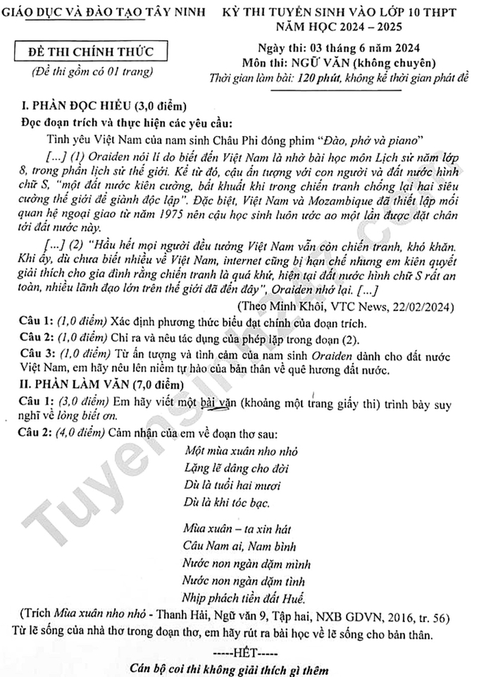 Đề thi vào lớp 10 năm 2024 môn Ngữ văn của tỉnh Tây Ninh (chính thức)