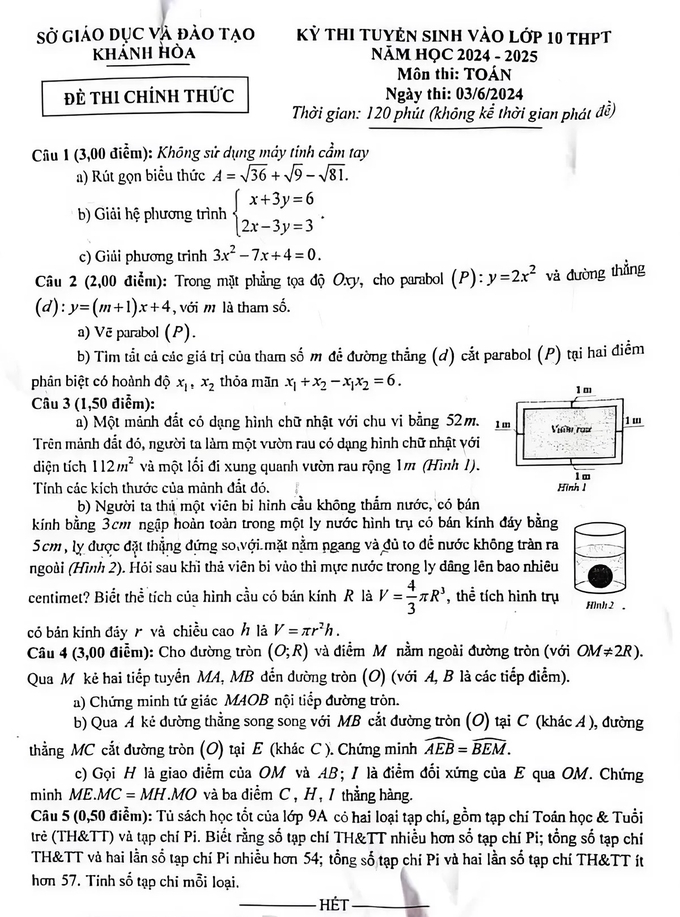 Đề thi vào lớp 10 năm 2024 môn Toán của tỉnh Khánh Hòa