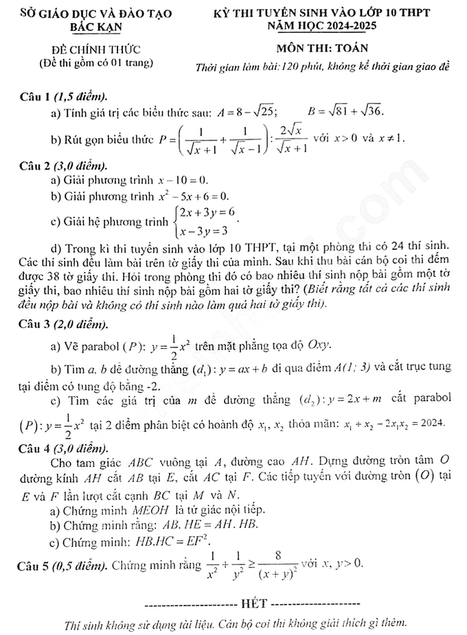 Đề thi vào lớp 10 năm 2024 môn Toán của tỉnh Bắc Kạn