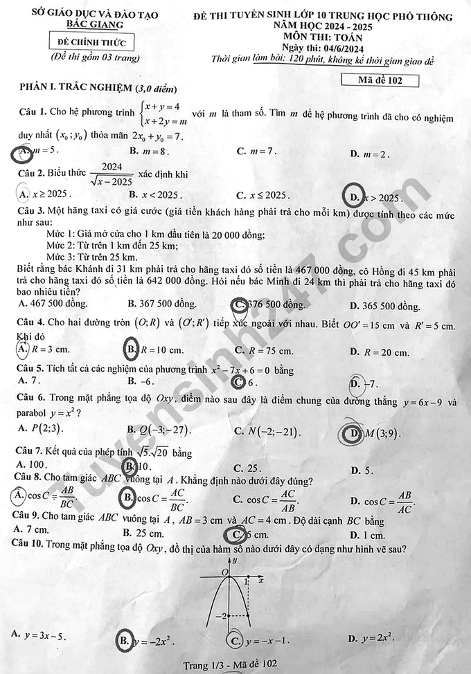 Đề thi vào lớp 10 năm 2024 môn Toán của tỉnh Bắc Giang