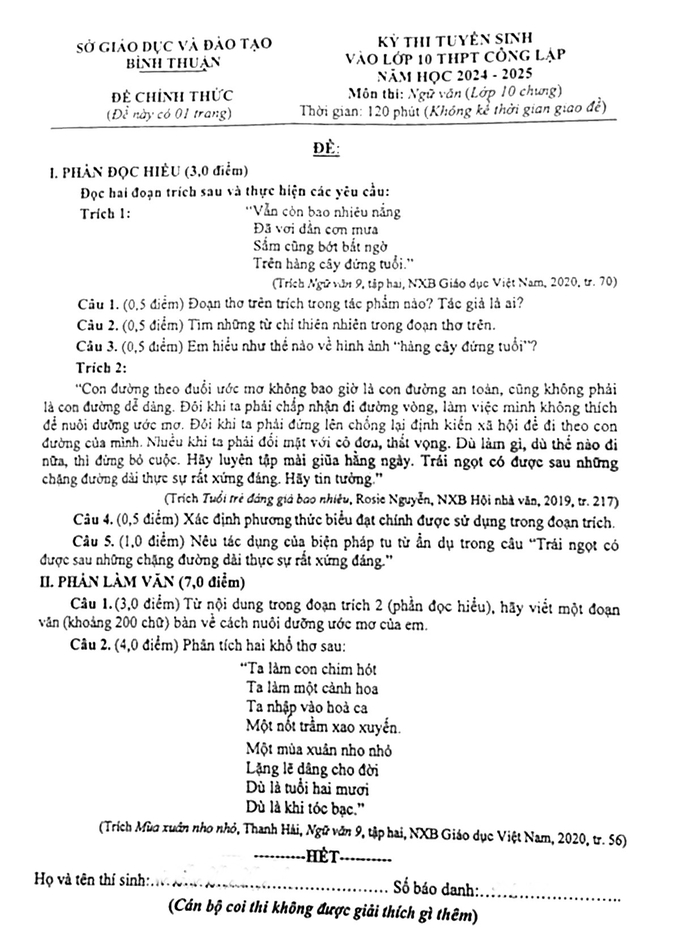 Đề thi vào lớp 10 năm 2024 môn Ngữ văn của tỉnh Bình Thuận (chính thức)