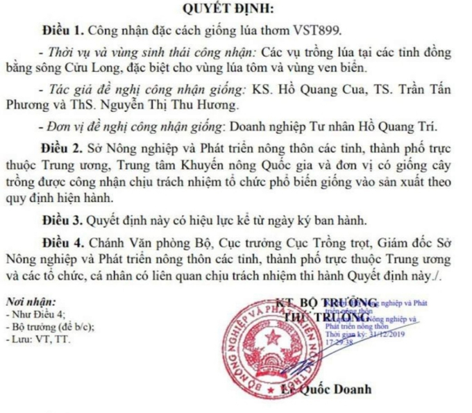 Quyết định công nhận giống là giả mạo. 