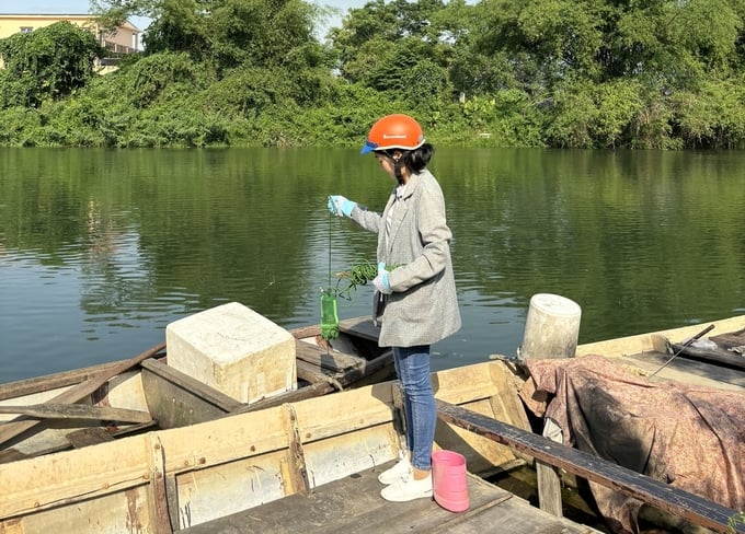 Viện Khoa học Thủy lợi miền Trung và Tây Nguyên tiến hành lấy mẫu nước tại trạm bơm Túy Loan. Ảnh: PV.