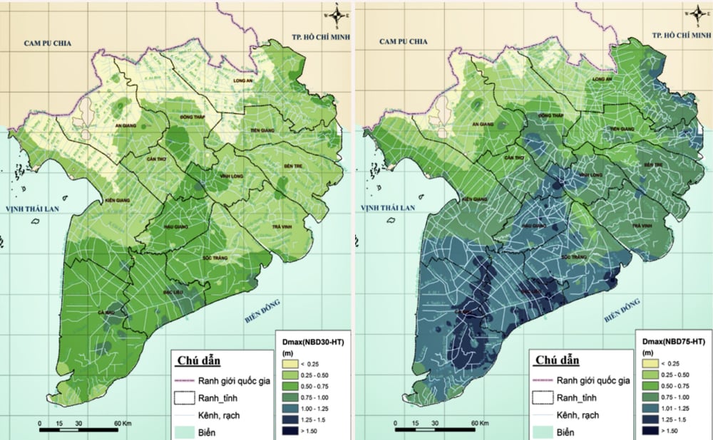 Bản đồ dự báo nguy cơ ngập ĐBSCL địa hình năm 2050 (bên trái) và địa hình năm 2100 (bên phải) so với diện tích ngập lũ (Hmax) năm 2011. Nguồn: Viện Khoa học Thủy lợi miền Nam (Bộ NN-PTNT).