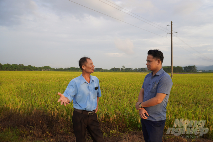 Lão nông Đào Công Dũng (bên trái) trao đổi với tác giả về quy trình sản xuất lúa trên cánh đồng lớn. Ảnh: CTV.