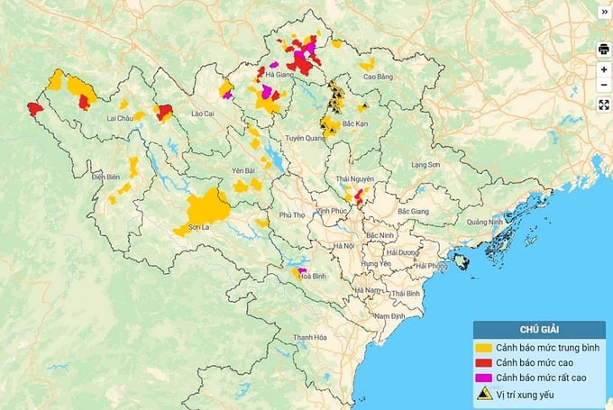 Bản đồ khu vực có nguy cơ sạt lở đất đá ở Bắc Bộ. Ảnh: TT KTTV Quốc gia