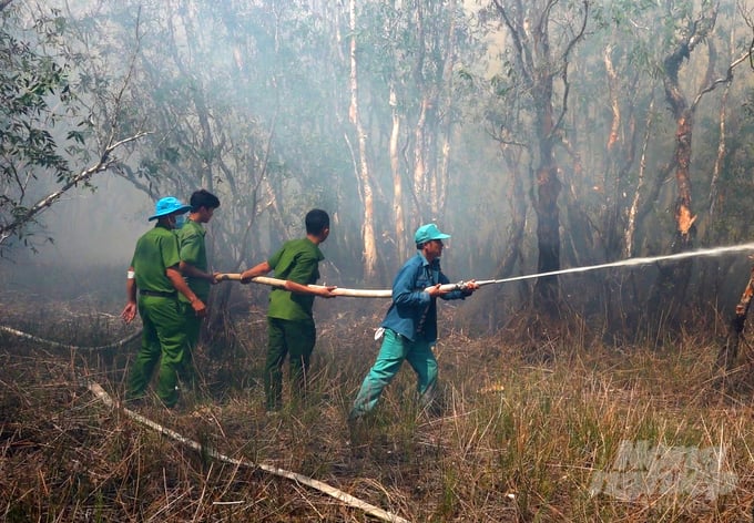 Ban chỉ huy phòng cháy chữa cháy rừng Vườn quốc gia Tràm Chim đã báo nhiều đơn vị đến hiện trường với 247 người để phối hợp chữa cháy. Ảnh: Lê Hoàng Vũ.