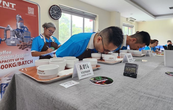 Các chuyên gia thử ném cà phê tại cuộc thi cà phê đặc sản Việt Nam năm 2024. Ảnh: Quang Yên.