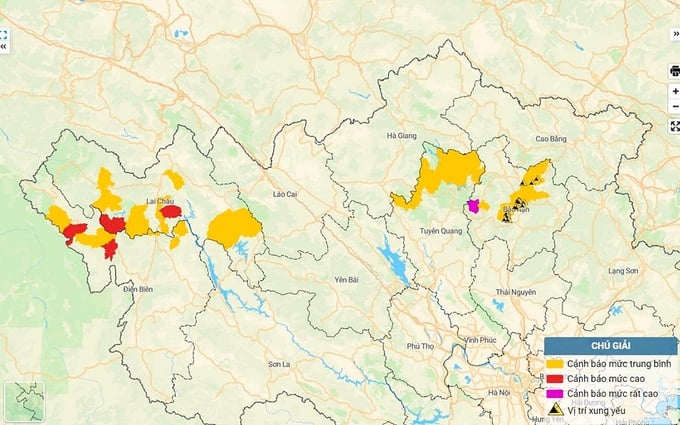 Bản đồ nguy cơ lũ quét, sạt lở đất đá tại Bắc Kạn, Tuyên Quang, Điện Biên và Lai Châu. Ảnh: KTTV Quốc gia