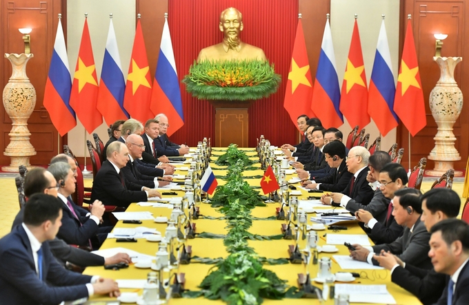 Tổng Bí thư Nguyễn Phú Trọng hội đàm với Tổng thống Liên bang Nga Vladimir Putin tại Trụ sở Trung ương Đảng. Ảnh: Đăng Khoa.