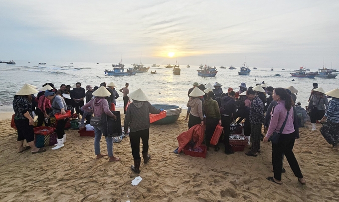 Thương lái và người dân ngóng tàu, thuyền về bến để mua hải sản. Ảnh: T.Đ