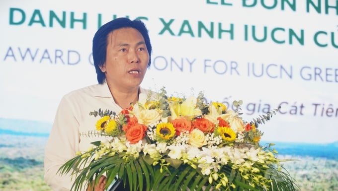Ông Phạm Xuân Thịnh, Giám đốc Vườn Quốc gia Cát Tiên phát biểu tại lễ công bố. Ảnh: Trần Phi.