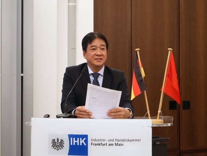 Nguyen Long Bien, Vice Chairman of the Ninh Thuan Provincial People's Committee, presenting at the meeting with the Frankfurt Chamber of Commerce and Industry. Photo: TL.