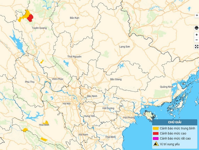 Bản đồ nguy cơ lũ quét, sạt lở đất đá tại Tuyên Quang và Hòa Bình. Ảnh: TT KTTV Quốc gia