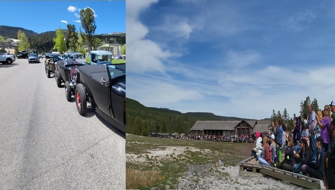A stream of motorists visit Yellowstone National Park.