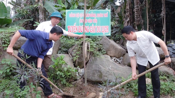 Lãnh đạo huyện Văn Yên tham gia chương trình trồng cây xanh làm du lịch. Ảnh: Thanh Tiến.