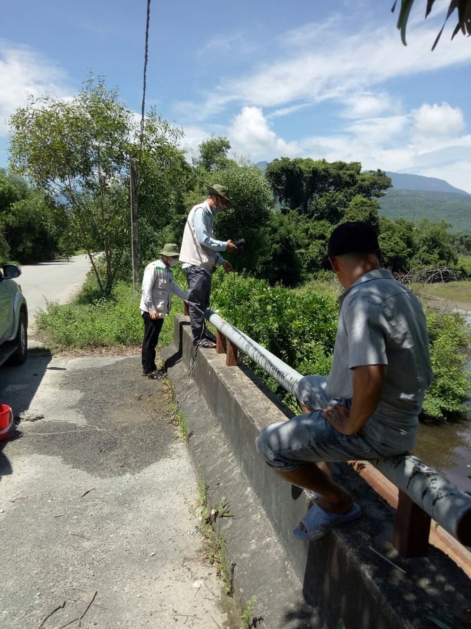 Cơ quan chức năng lấy mẫu nước trên sông Lạch Giang để xác định nguyên nhân cá chết bất thường. Ảnh: CĐ.