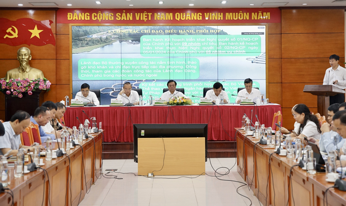 Minister Le Minh Hoan (seated in the middle) presides over the conference along with Deputy Ministers.