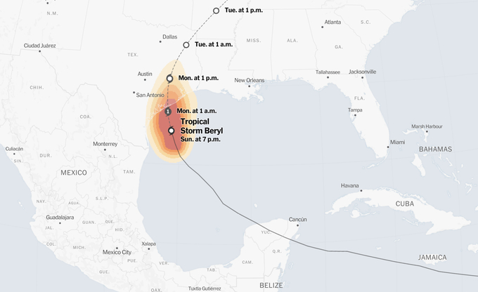 The path of Tropical Storm Beryl. Source: US National Hurricane Center.